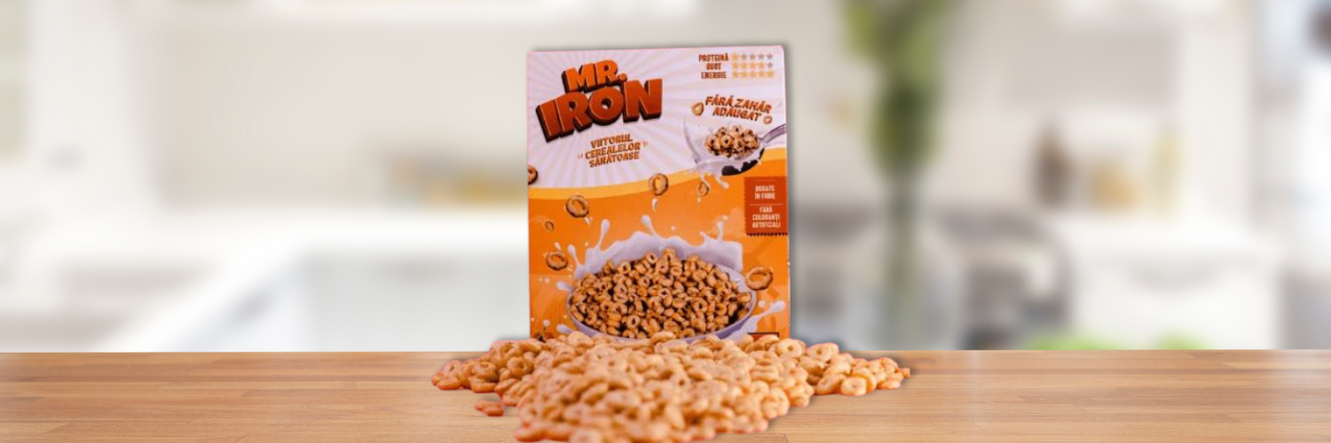 Cutie de cereale Mr. Iron cu detalii despre beneficiile fara zahar adaugat, in prim-plan, pe un blat de lemn, cu cereale raspandite in fata.